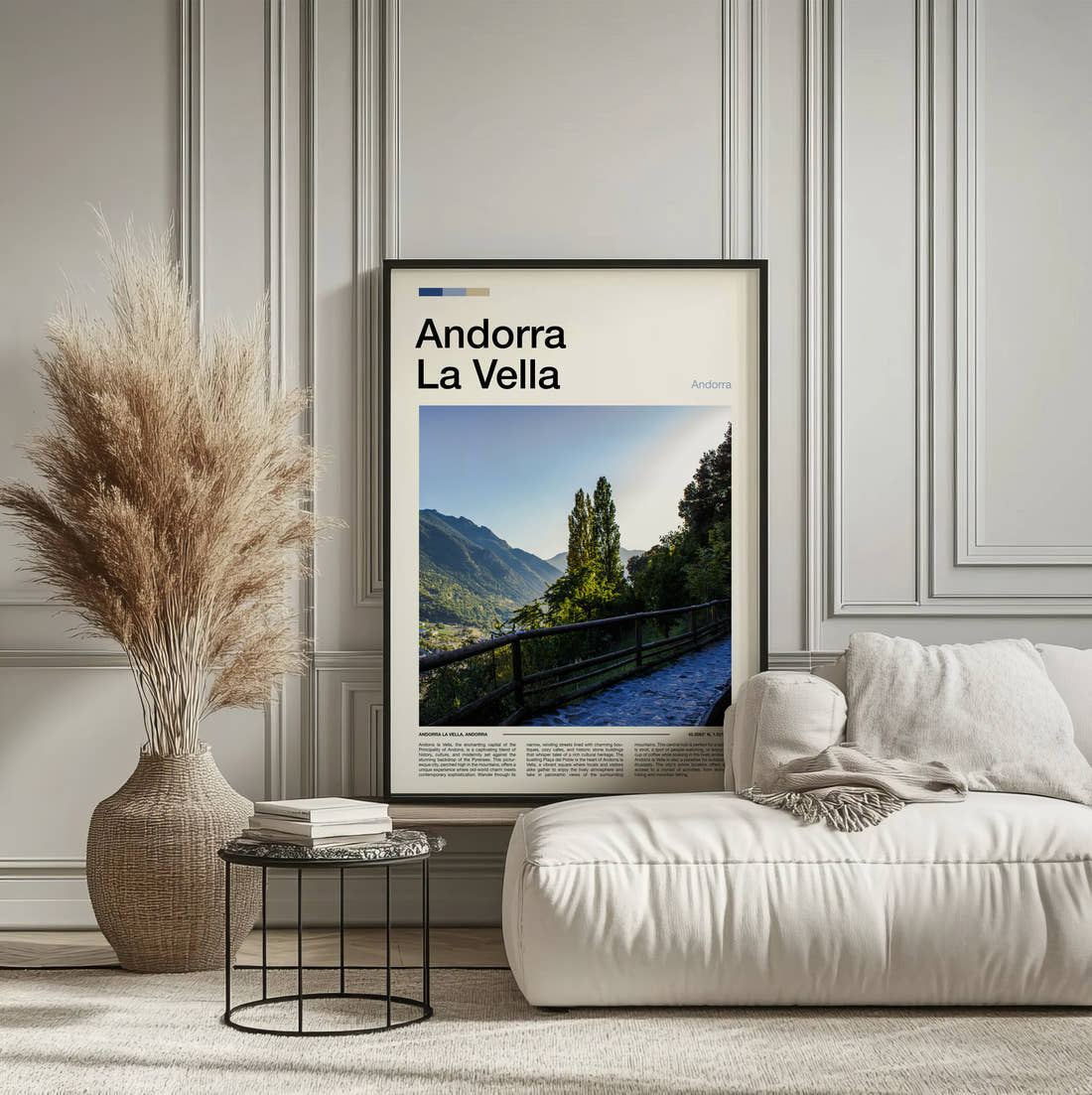 Andorra La Vella Mountain Walkway Travel Print framed on the wall of a calm, neutral bedroom