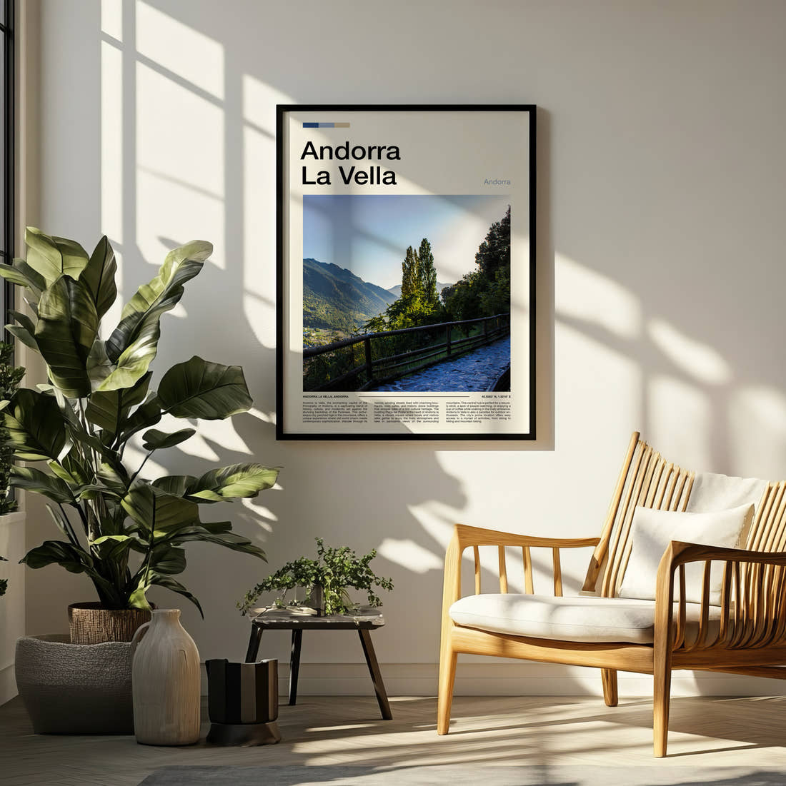 Andorra La Vella Mountain Walkway Travel Print framed on a pale wall beside houseplants