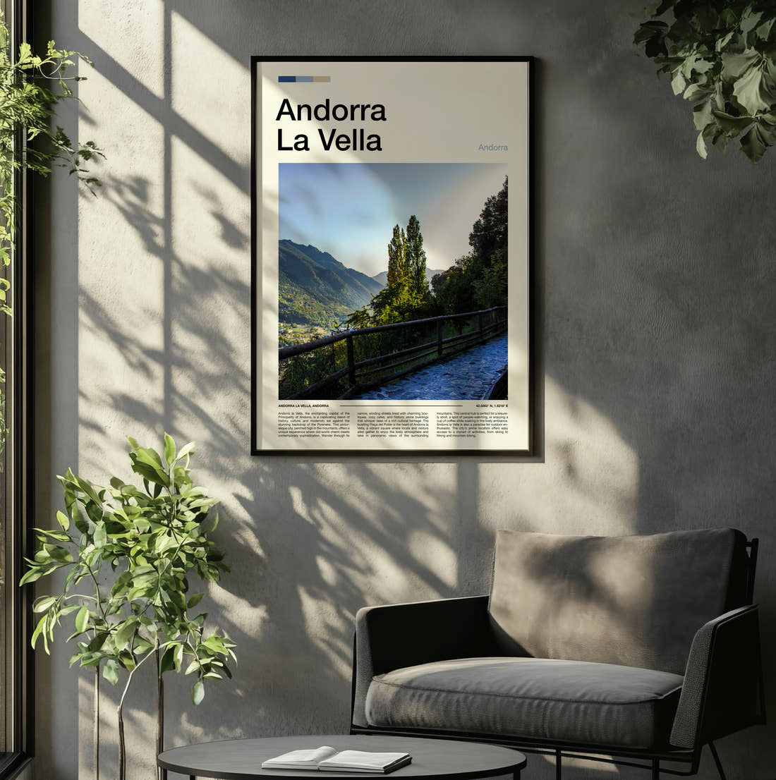 Andorra La Vella Mountain Walkway Travel Print framed on the wall of a relaxed living room