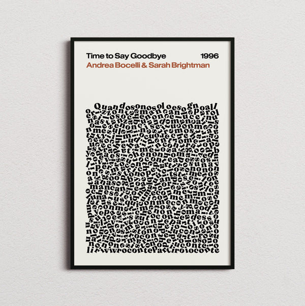 Andrea Bocelli and Sarah Brightman Time To Say Goodbye Lyric Print in the cream colourway, framed