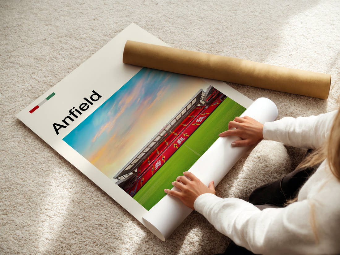 Anfield Stadium Print being unrolled from its postal tube