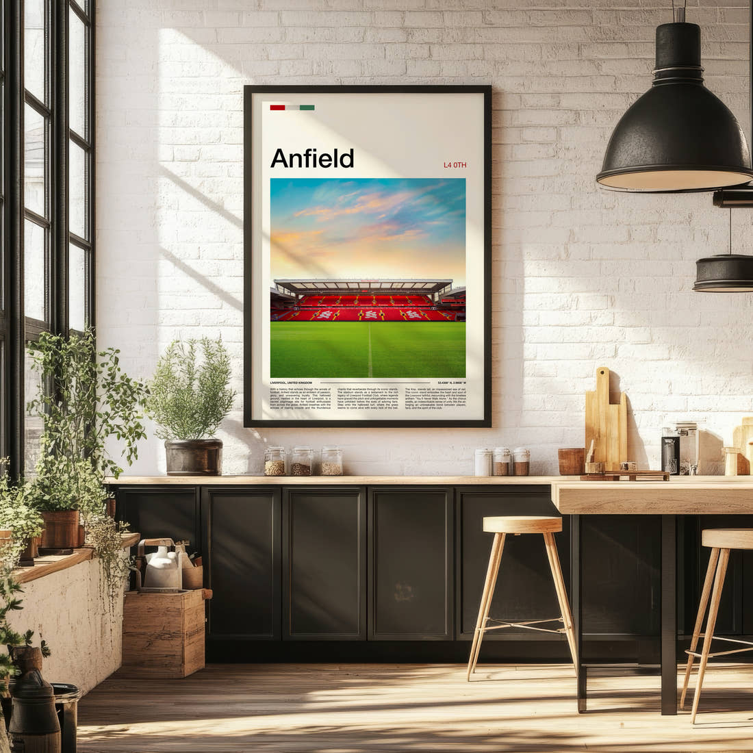 Anfield Stadium Print framed on the wall of a bright kitchen and dining space