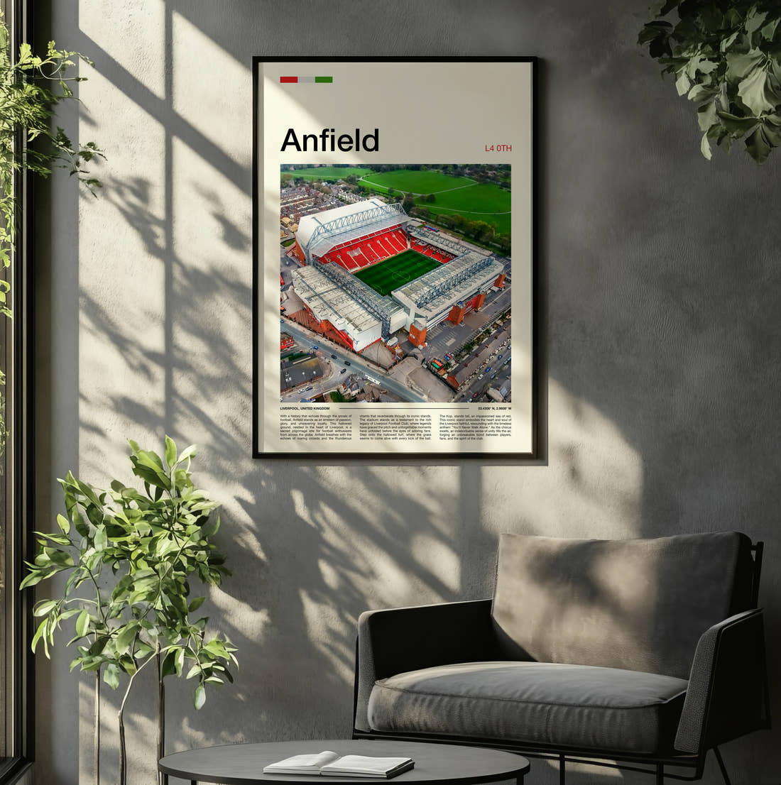 Anfield Stadium Print framed on the wall of a relaxed living room