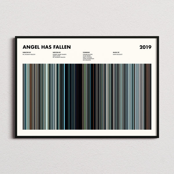 Angel Has Fallen Movie Barcode Poster framed and photographed straight on
