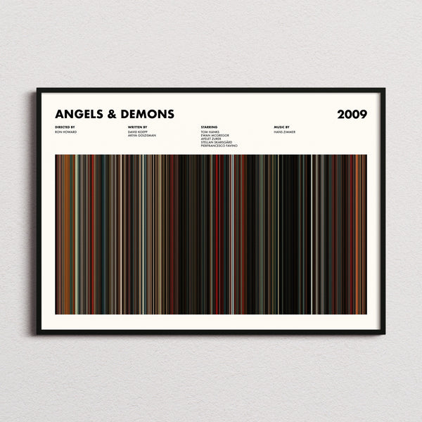 Angels & Demons Movie Barcode Poster framed and photographed straight on