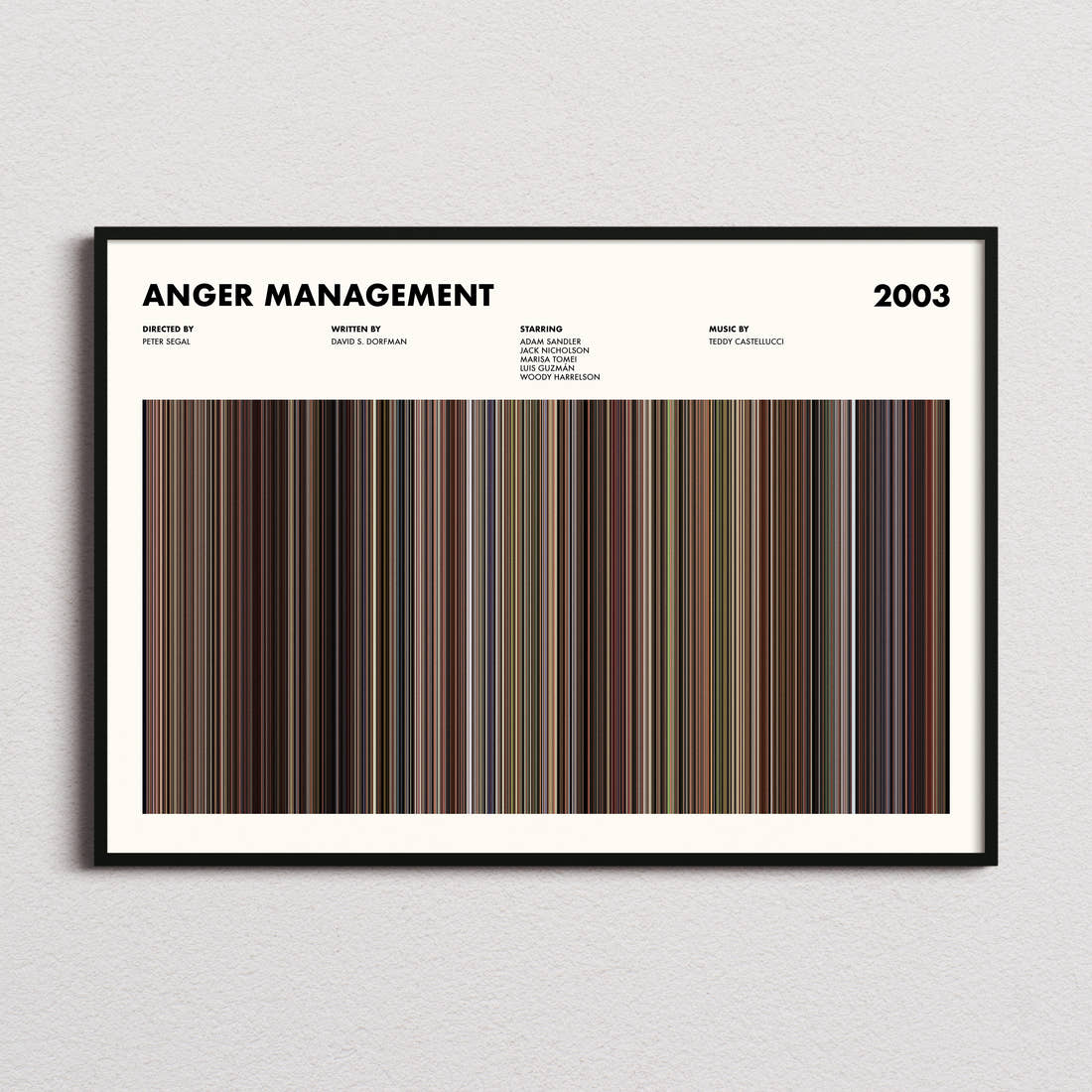 Anger Management Movie Barcode Poster framed and photographed straight on