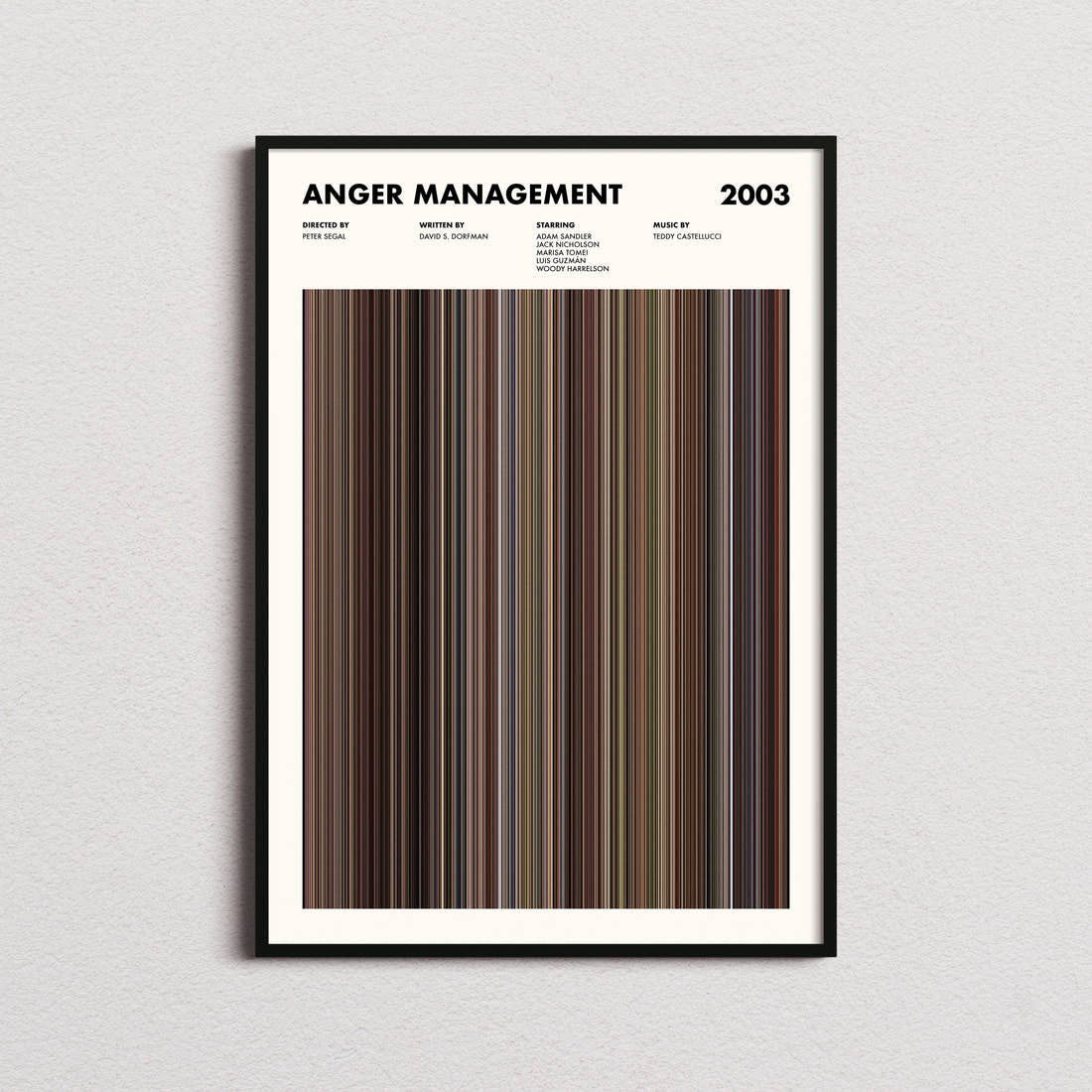 Anger Management Movie Barcode Poster framed on a plain studio wall