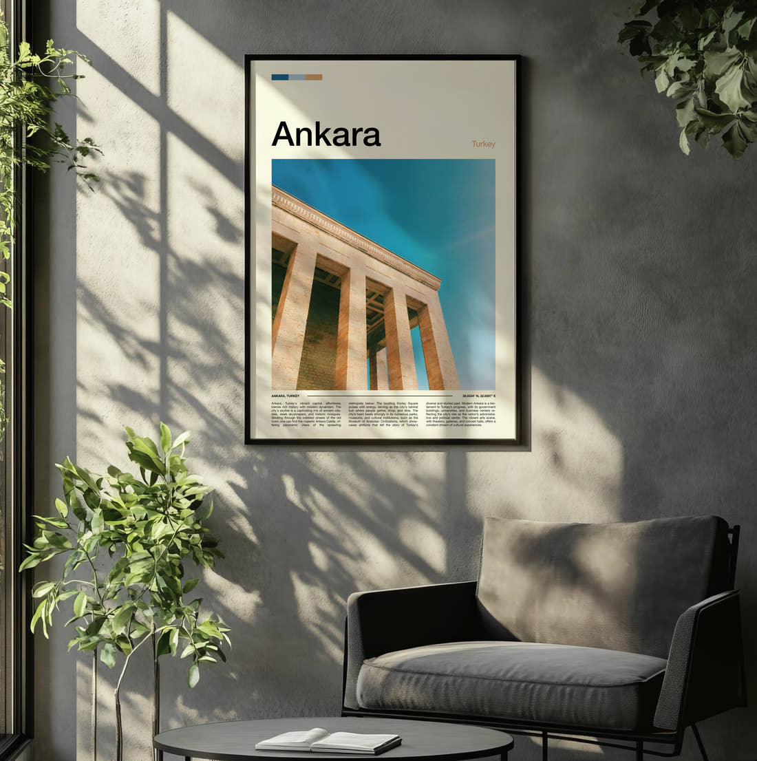 Ankara Anitkabir Colonnade Travel Print framed on the wall of a relaxed living room