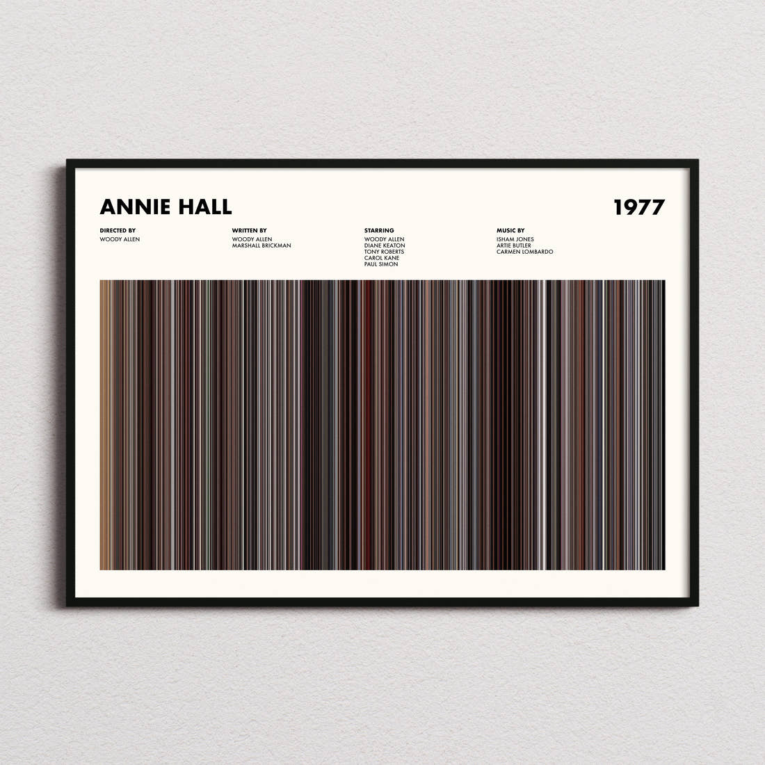 Annie Hall Movie Barcode Poster framed and photographed straight on