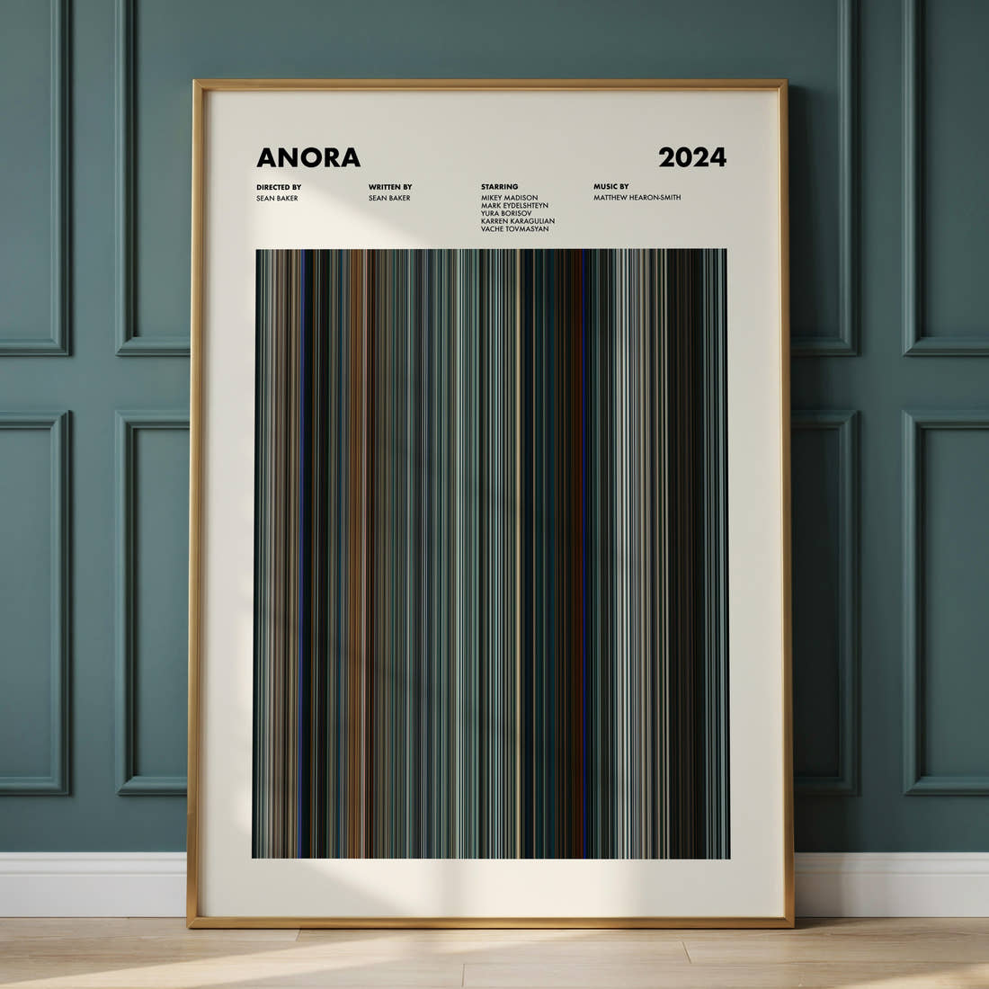 Anora Movie Barcode Poster framed and leaning against a panelled wall