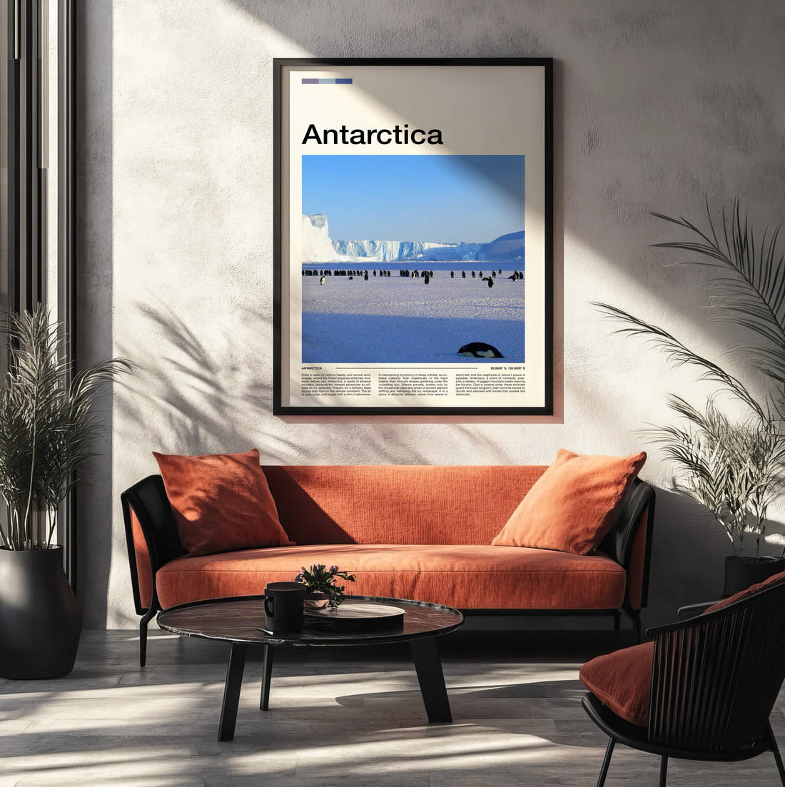 Antarctica Penguins On The Ice Travel Print framed on the wall of a modern living room