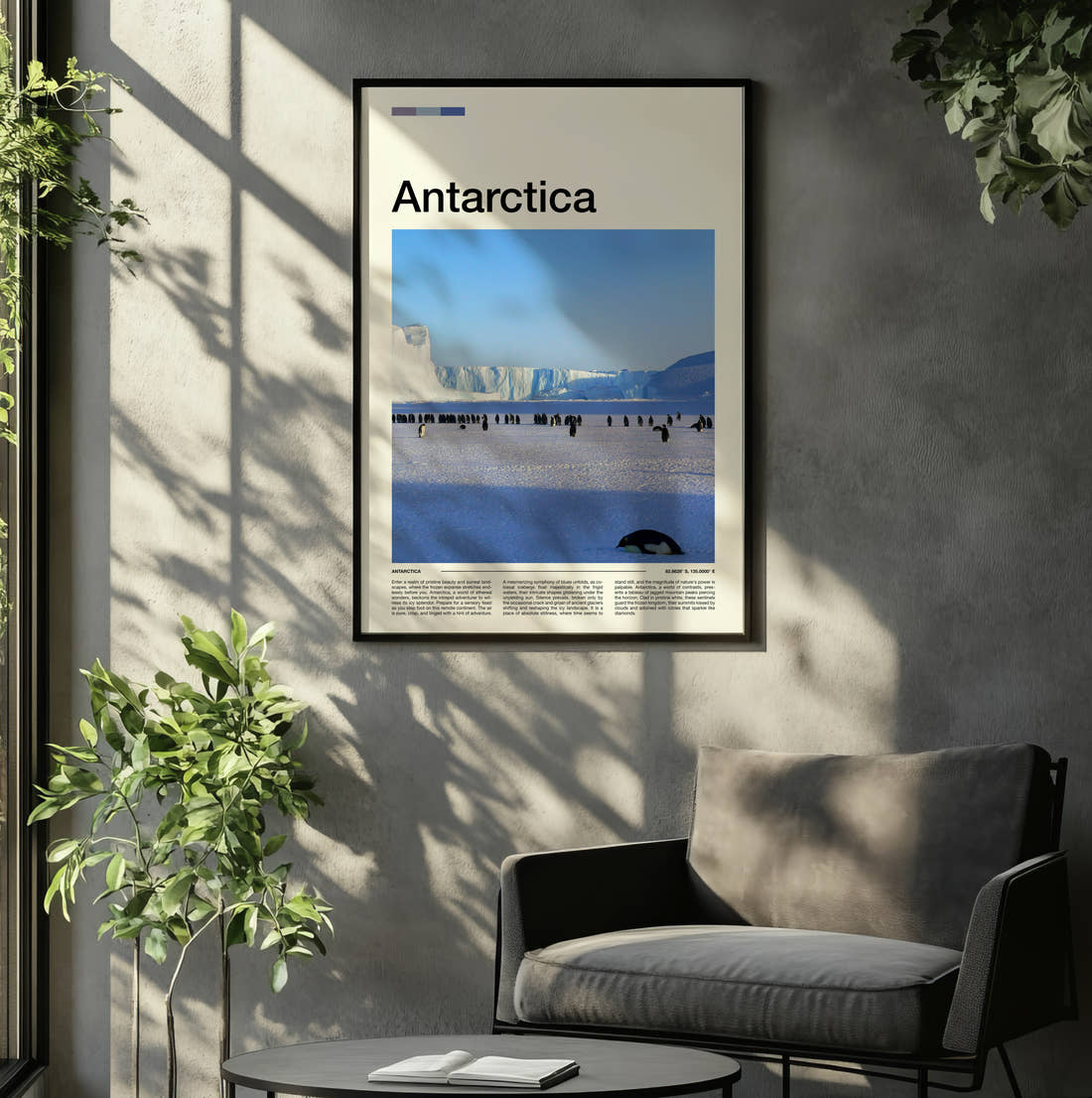 Antarctica Penguins On The Ice Travel Print framed on the wall of a relaxed living room