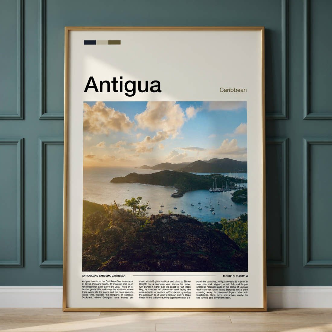 Antigua Harbour From Above Travel Print framed on the wall of a calm, neutral bedroom