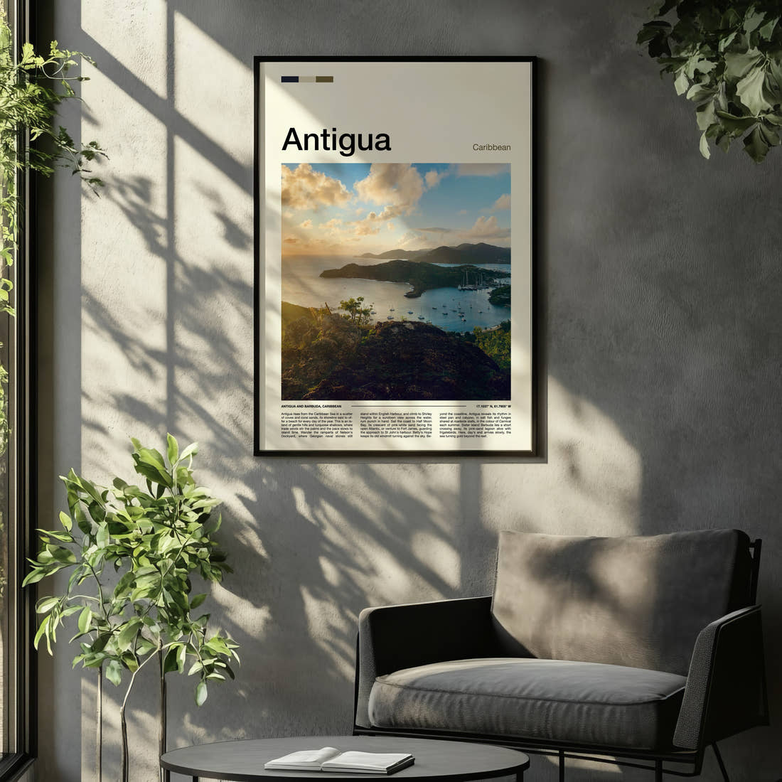Antigua Harbour From Above Travel Print framed on the wall of a relaxed living room