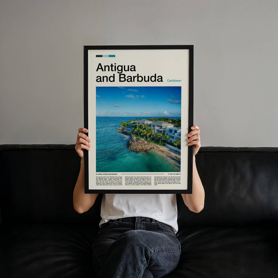 Antigua and Barbuda Aerial Coastal Resort Travel Print held up by hand to show the size of the print