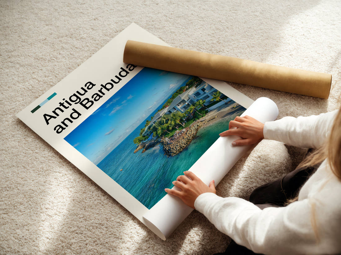 Antigua and Barbuda Aerial Coastal Resort Travel Print being unrolled from its postal tube