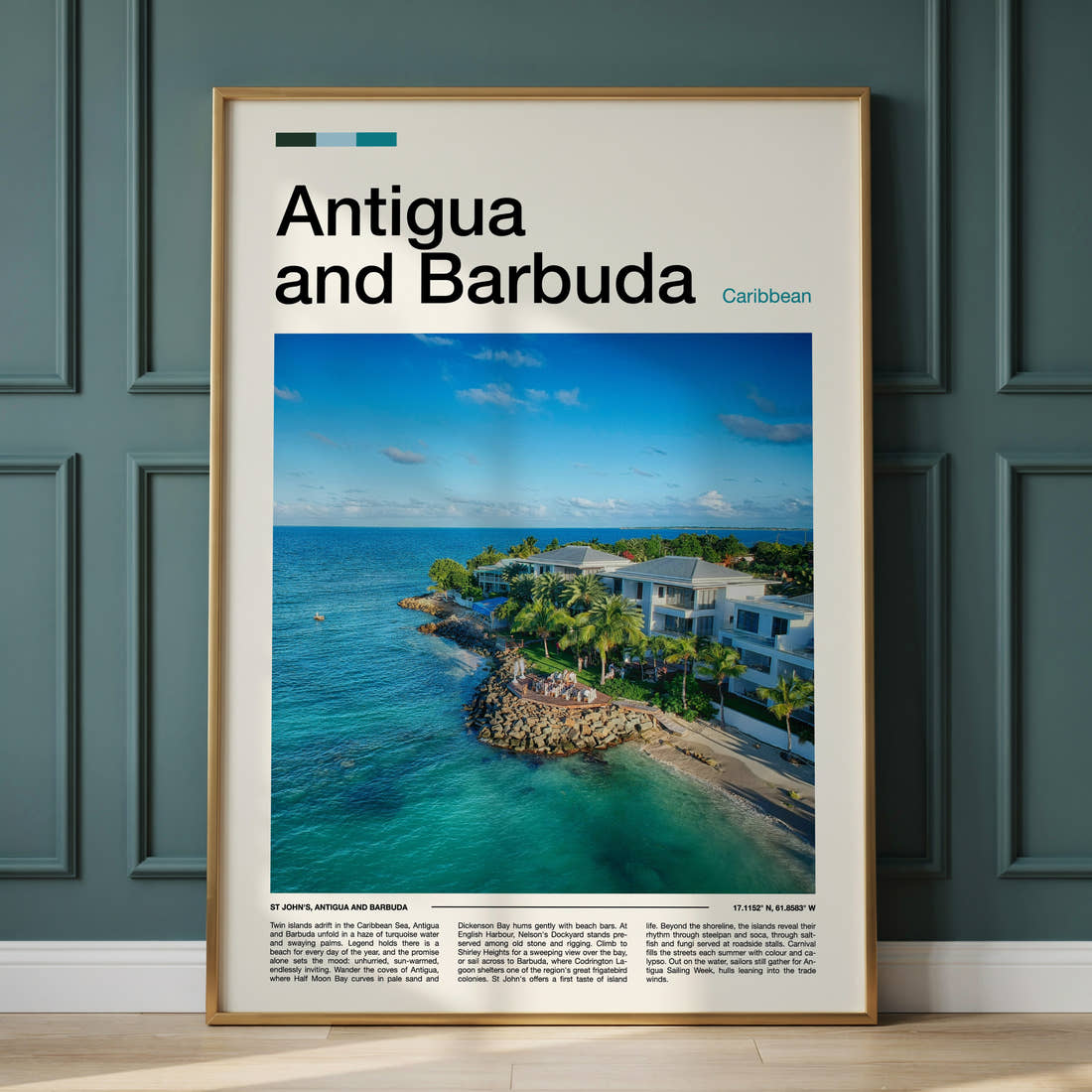 Antigua and Barbuda Aerial Coastal Resort Travel Print framed on the wall of a calm, neutral bedroom