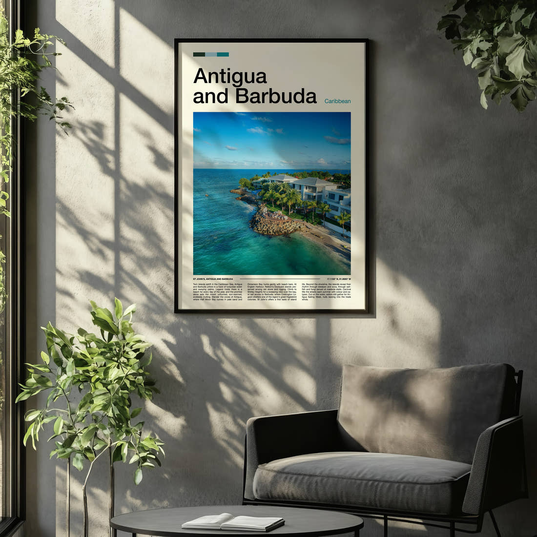 Antigua and Barbuda Aerial Coastal Resort Travel Print framed on the wall of a relaxed living room