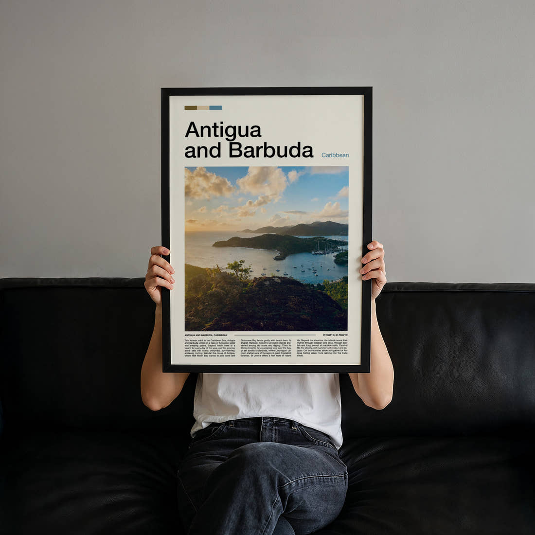 Antigua and Barbuda Harbour From Above Travel Print held up by hand to show the size of the print