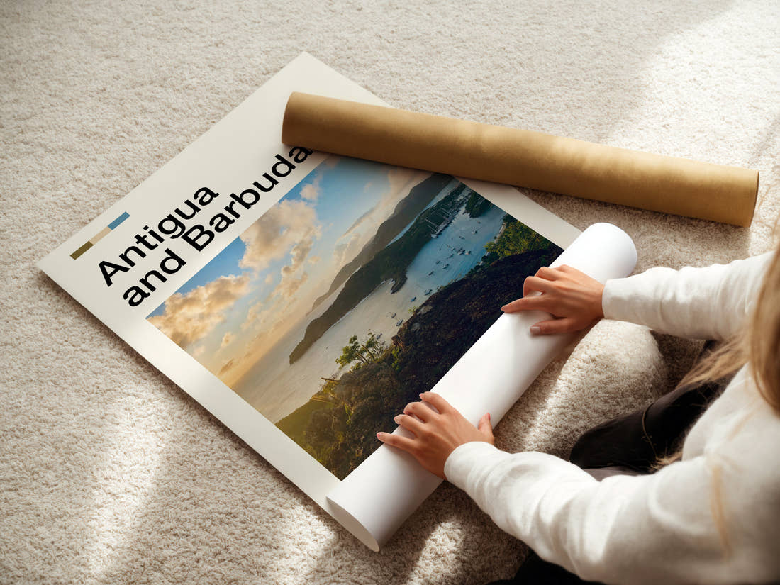 Antigua and Barbuda Harbour From Above Travel Print being unrolled from its postal tube