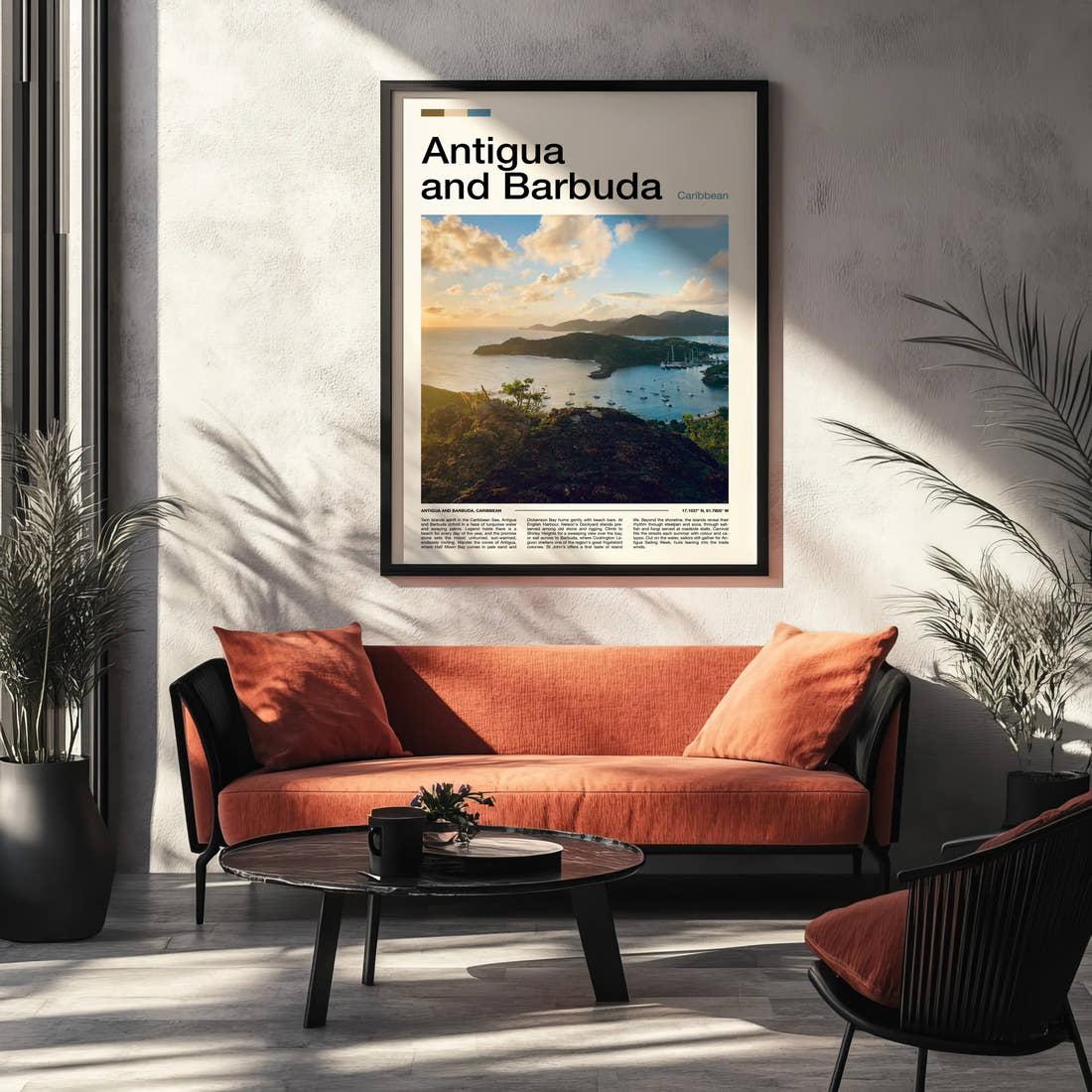 Antigua and Barbuda Harbour From Above Travel Print framed on the wall of a modern living room