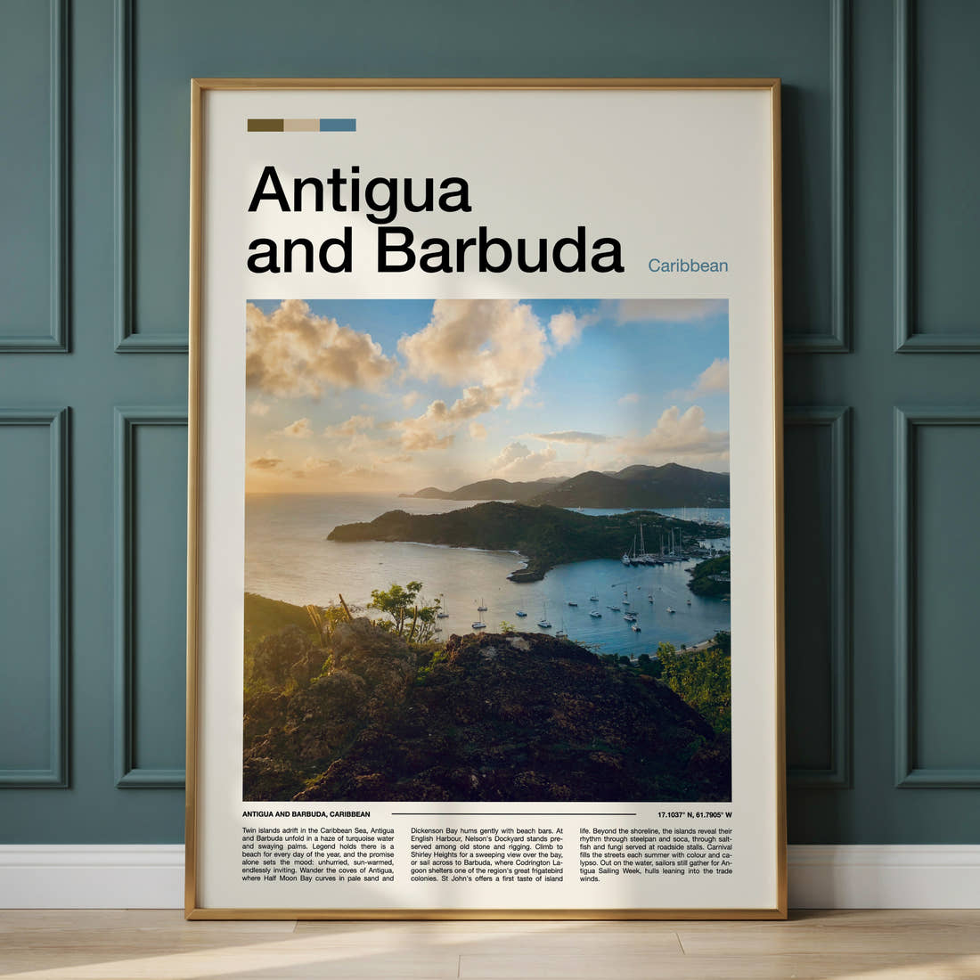 Antigua and Barbuda Harbour From Above Travel Print framed on the wall of a calm, neutral bedroom