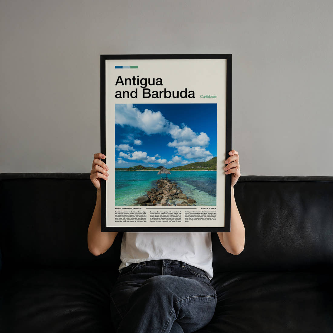 Antigua and Barbuda Stone Jetty Pavilion Travel Print held up by hand to show the size of the print
