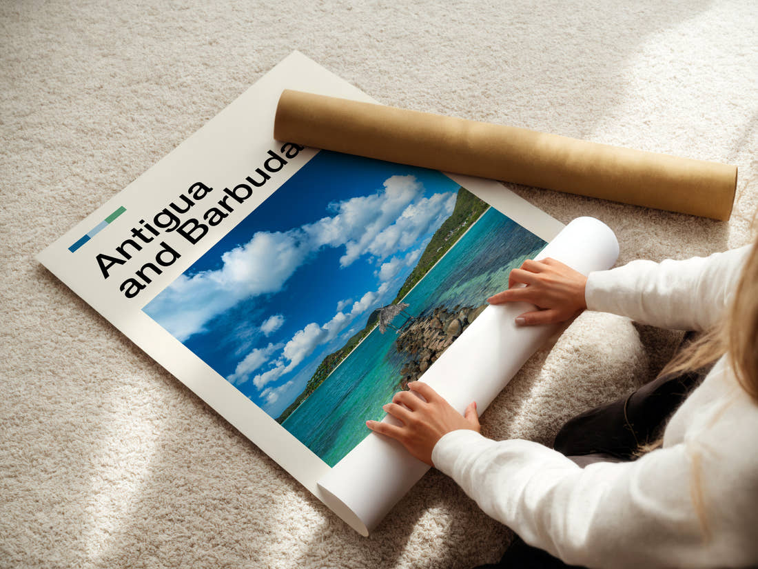 Antigua and Barbuda Stone Jetty Pavilion Travel Print being unrolled from its postal tube