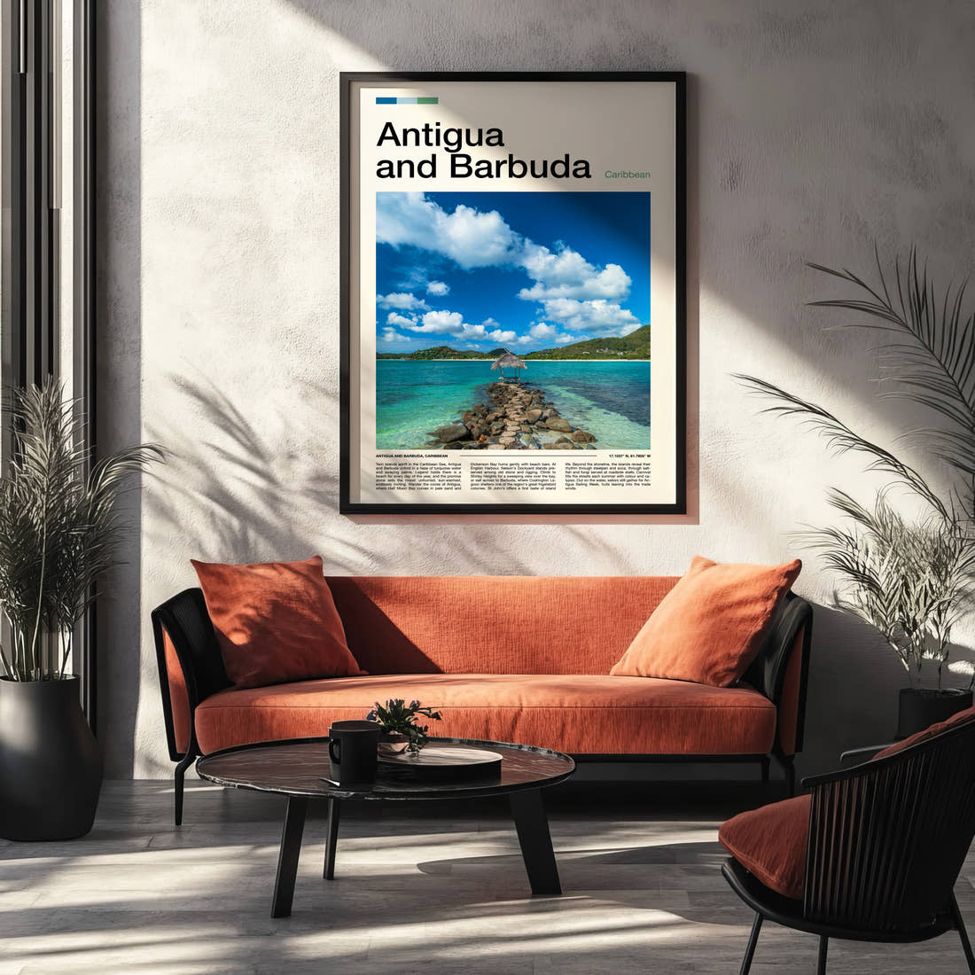 Antigua and Barbuda Stone Jetty Pavilion Travel Print framed on the wall of a modern living room