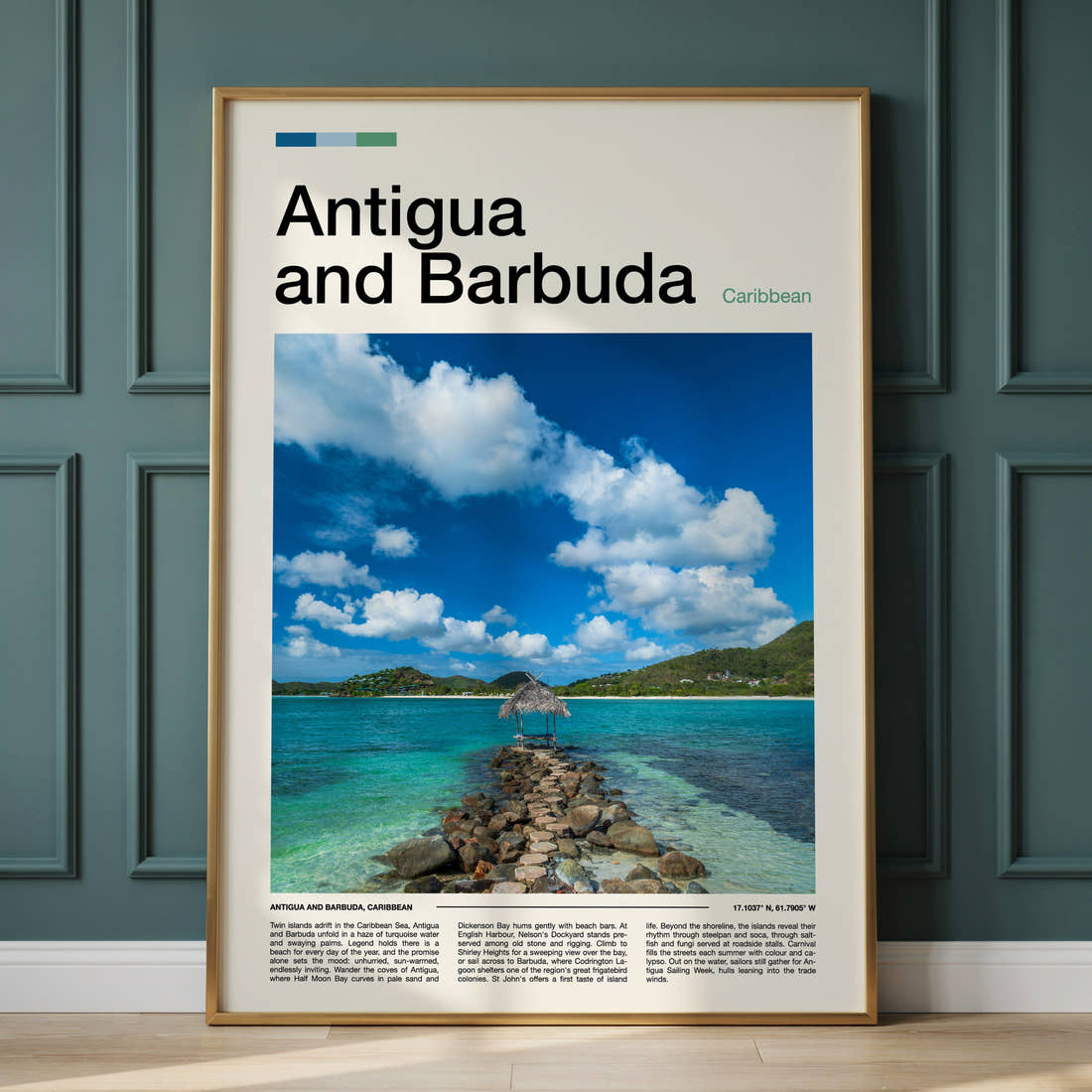 Antigua and Barbuda Stone Jetty Pavilion Travel Print framed on the wall of a calm, neutral bedroom
