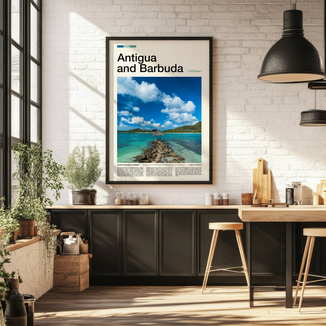 Antigua and Barbuda Stone Jetty Pavilion Travel Print framed on the wall of a bright kitchen and dining space