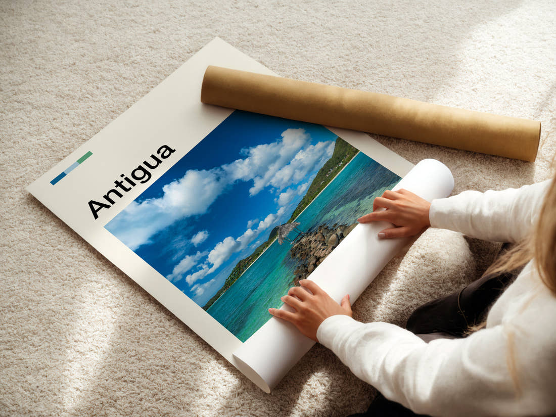 Antigua Stone Jetty Lagoon Travel Print being unrolled from its postal tube