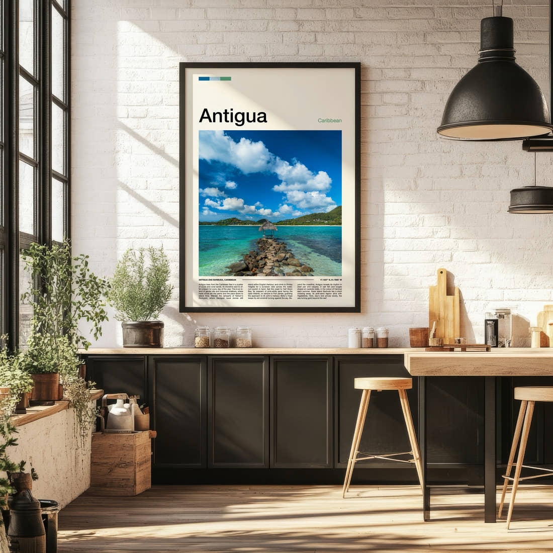 Antigua Stone Jetty Lagoon Travel Print framed on the wall of a bright kitchen and dining space