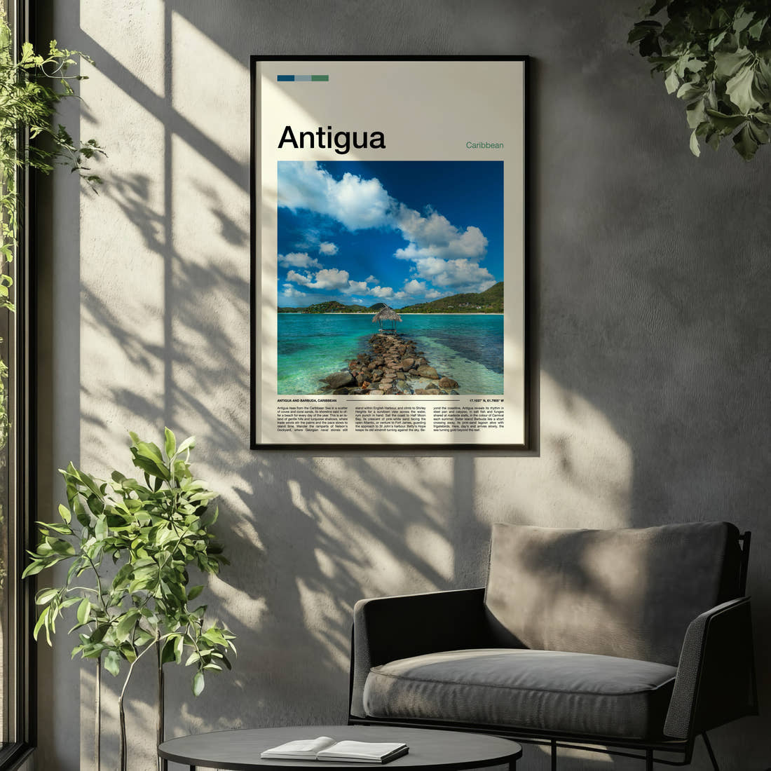 Antigua Stone Jetty Lagoon Travel Print framed on the wall of a relaxed living room