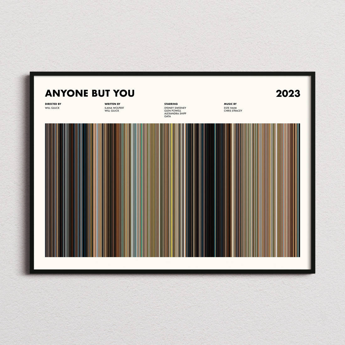 Anyone but You Movie Barcode Poster framed and photographed straight on