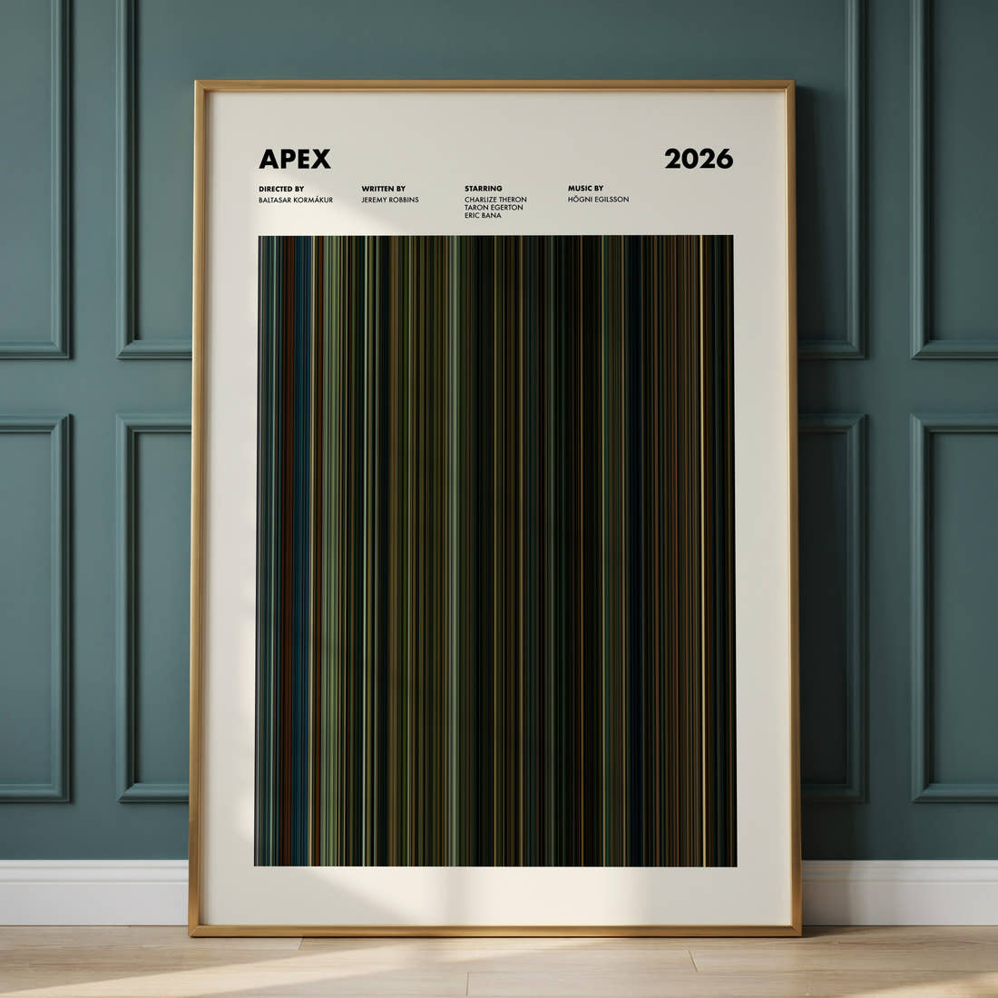 Apex Movie Barcode Poster framed and leaning against a panelled wall