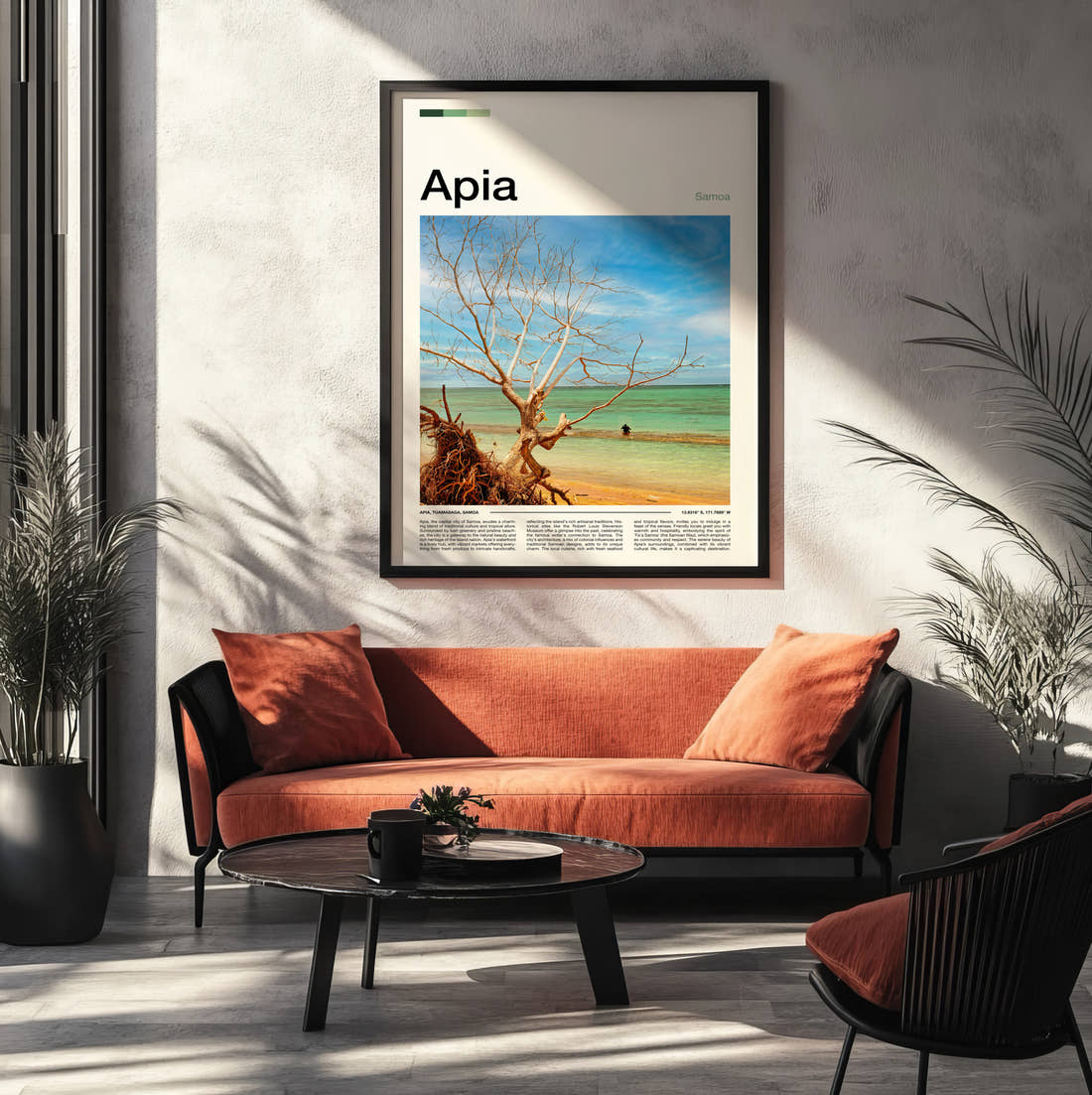 Apia Bare Tree On The Beach Travel Print framed on the wall of a modern living room