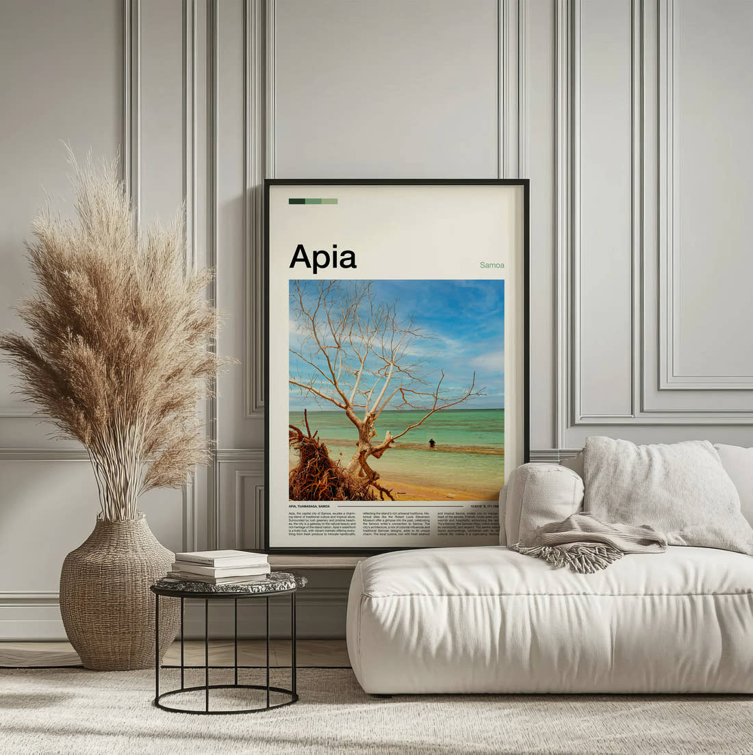 Apia Bare Tree On The Beach Travel Print framed on the wall of a calm, neutral bedroom