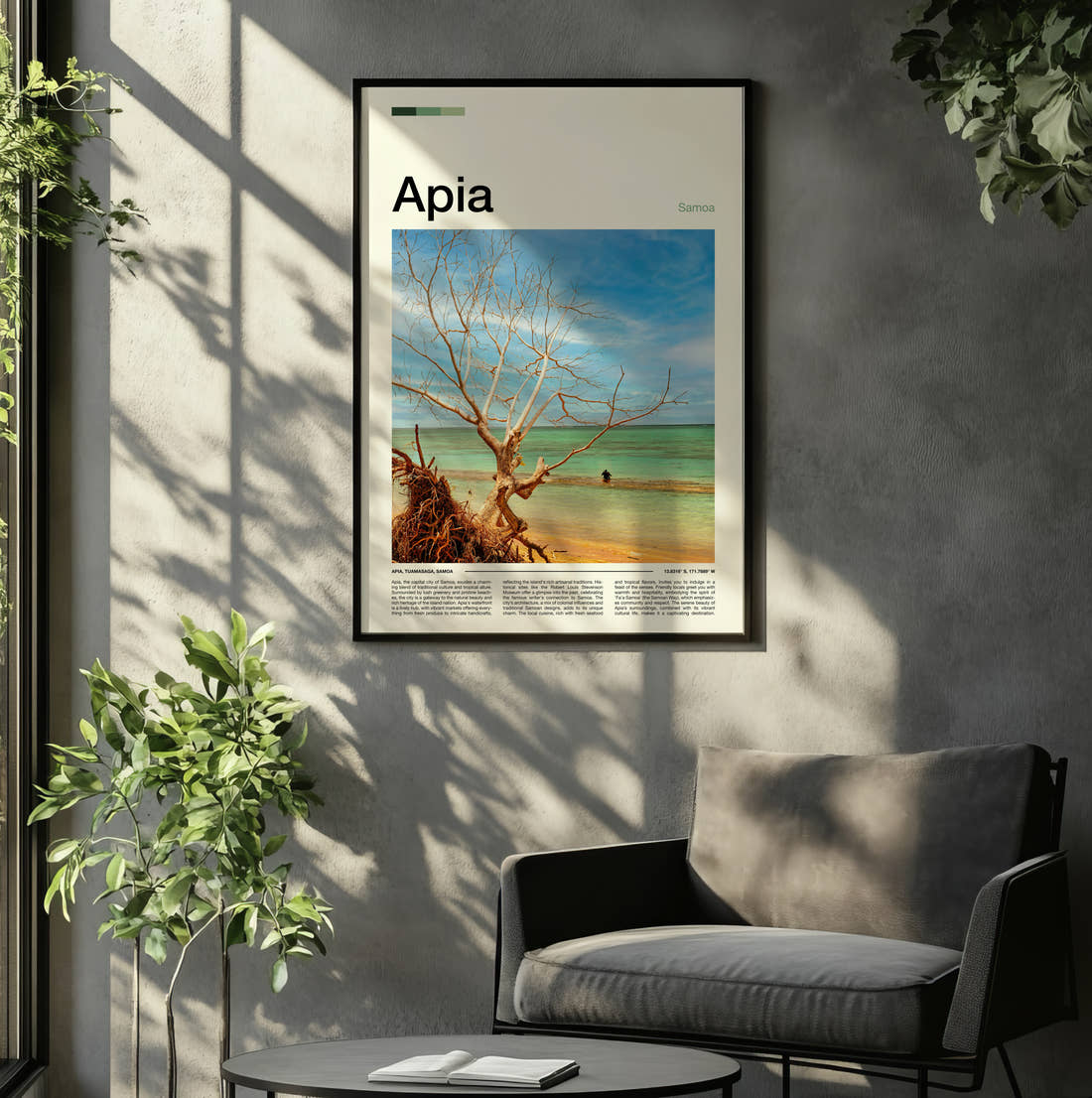 Apia Bare Tree On The Beach Travel Print framed on the wall of a relaxed living room