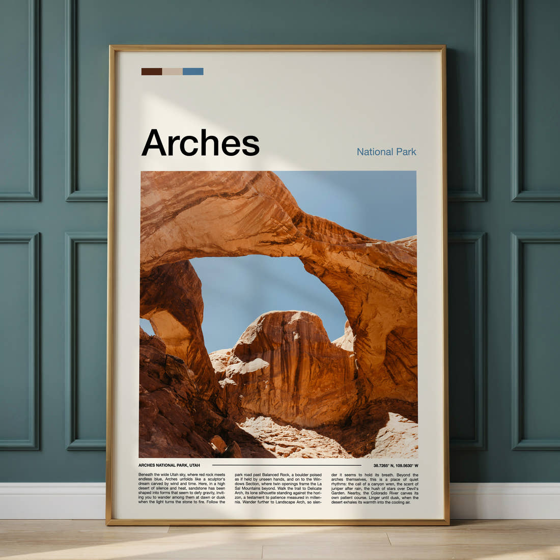 Arches Sandstone Double Arch Travel Print framed on the wall of a calm, neutral bedroom