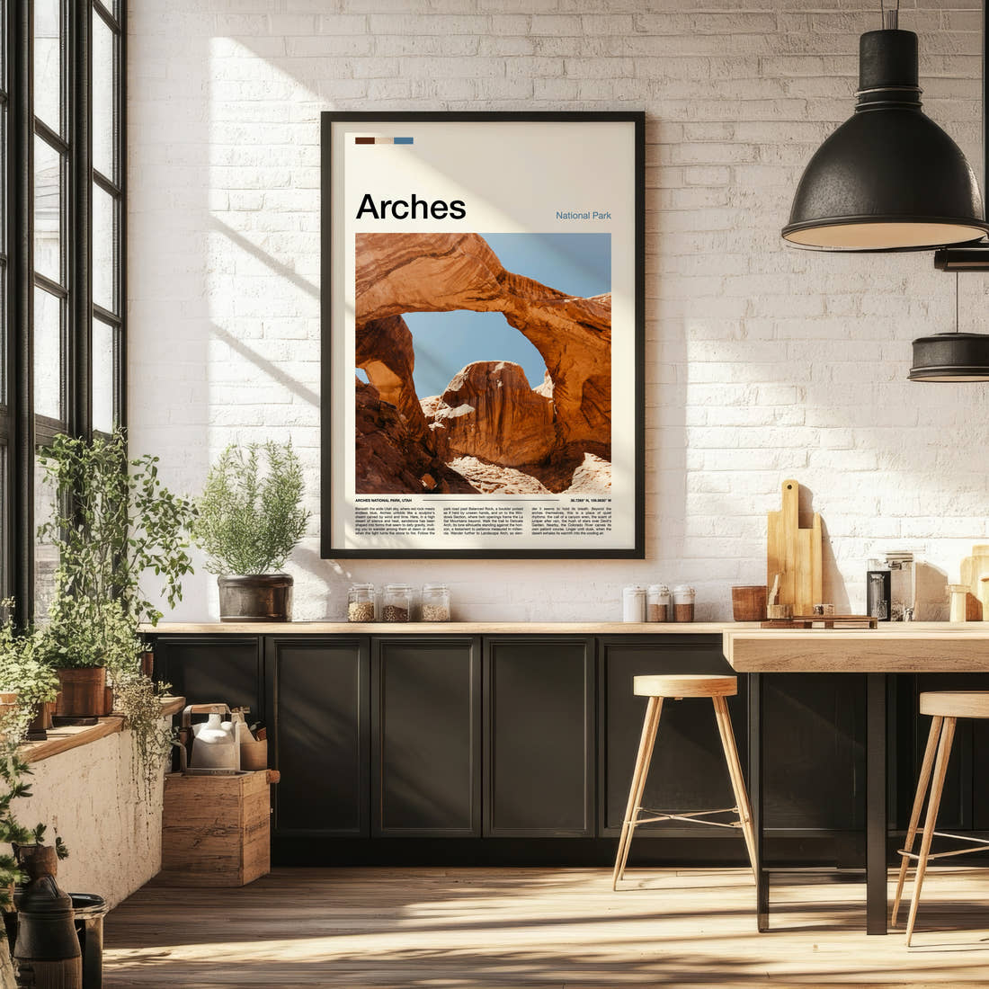 Arches Sandstone Double Arch Travel Print framed on the wall of a bright kitchen and dining space