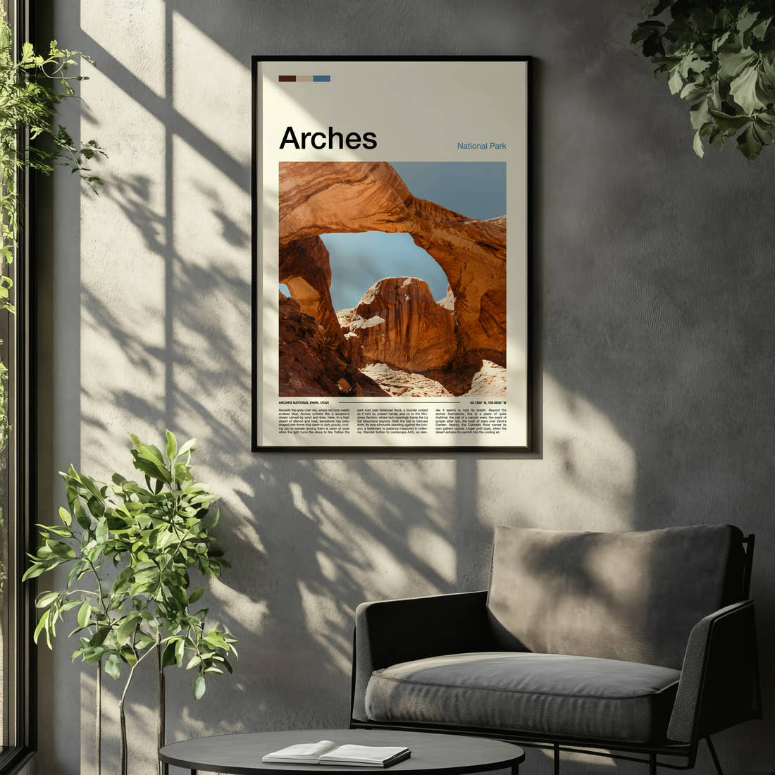 Arches Sandstone Double Arch Travel Print framed on the wall of a relaxed living room