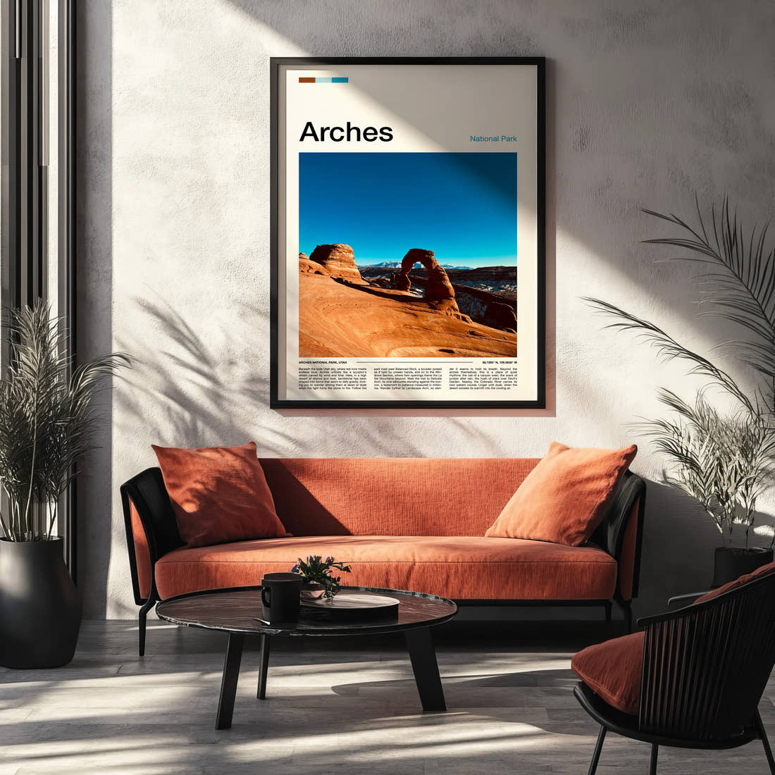 Arches Delicate Arch View Travel Print framed on the wall of a modern living room