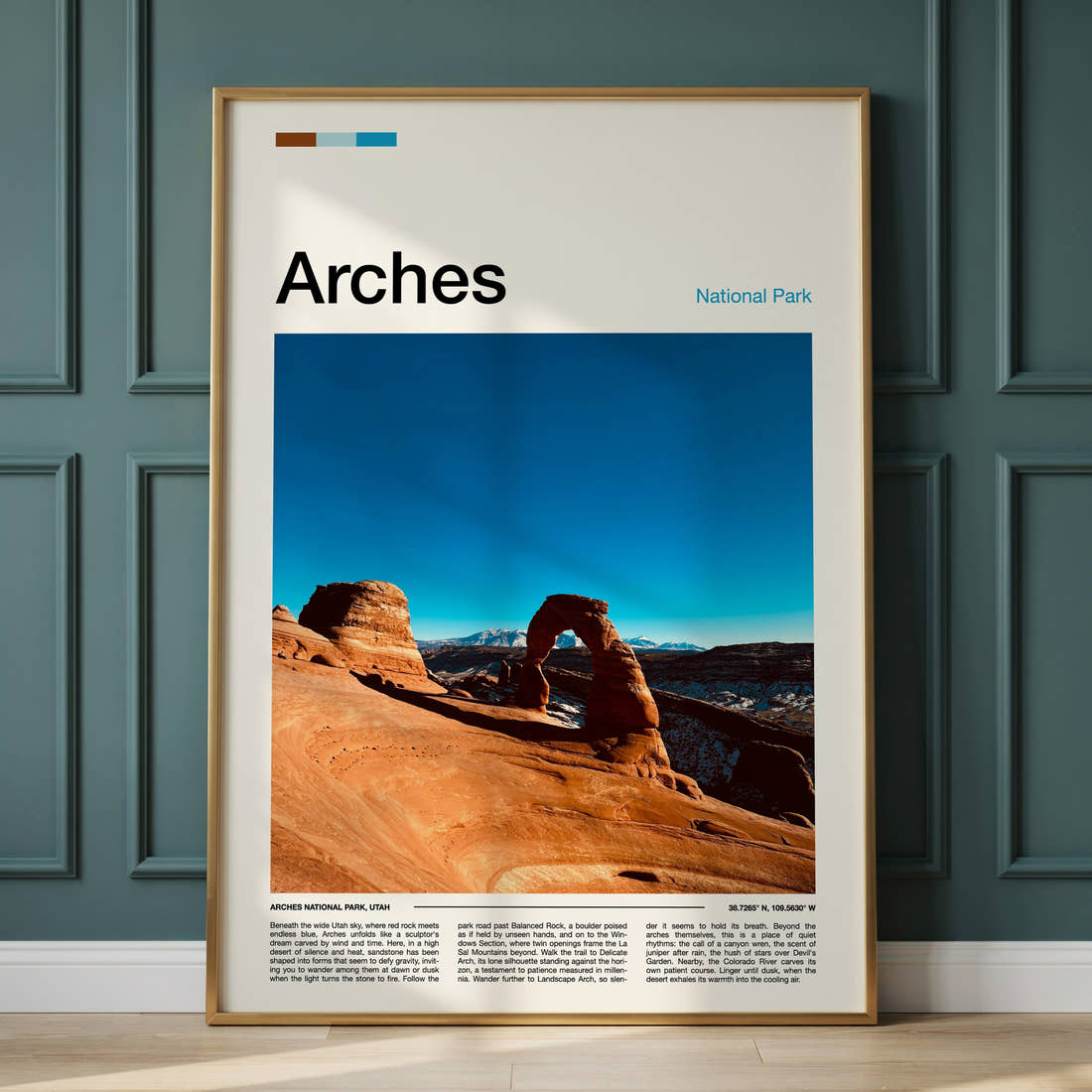 Arches Delicate Arch View Travel Print framed on the wall of a calm, neutral bedroom