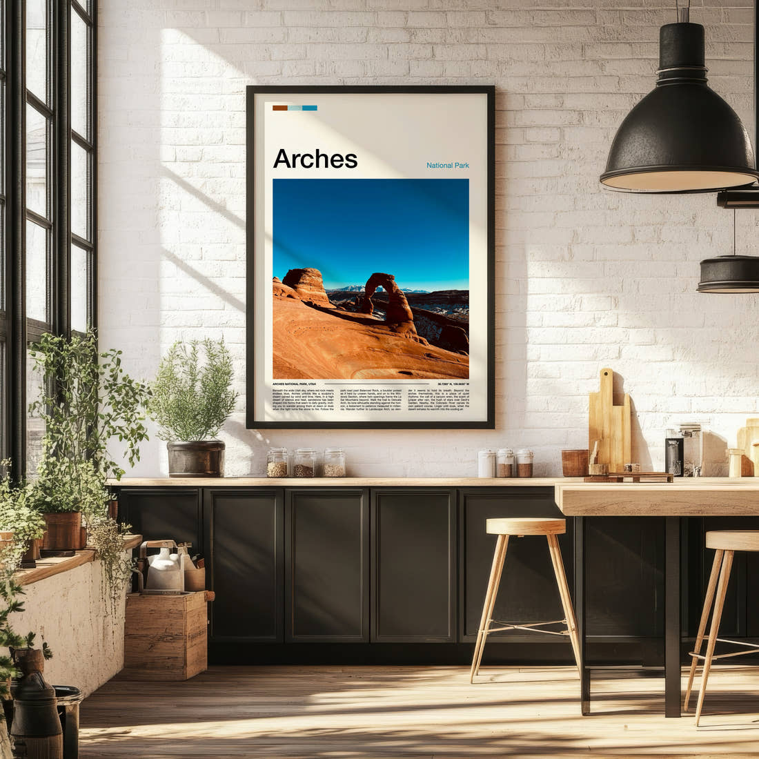 Arches Delicate Arch View Travel Print framed on the wall of a bright kitchen and dining space