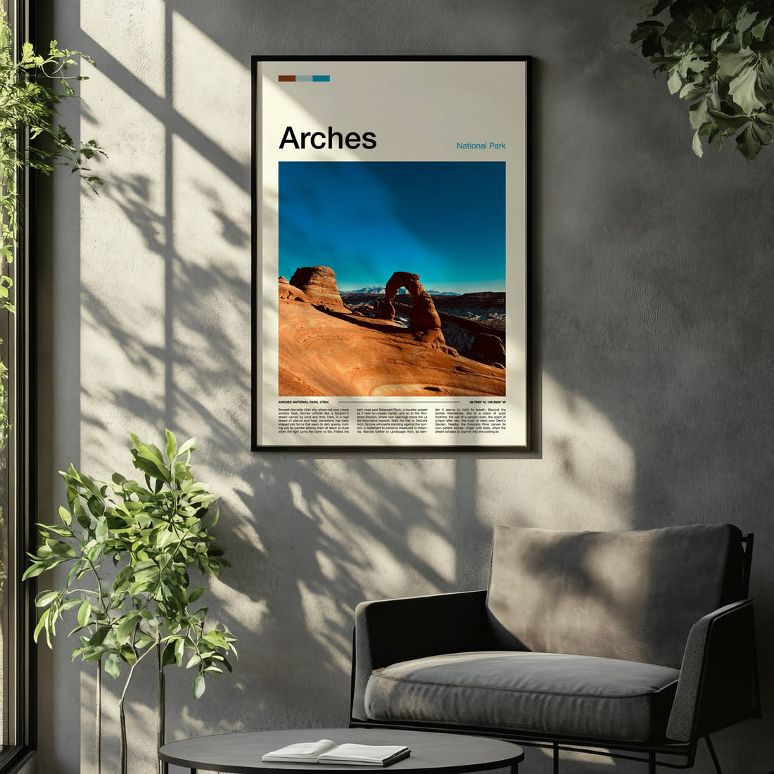 Arches Delicate Arch View Travel Print framed on the wall of a relaxed living room