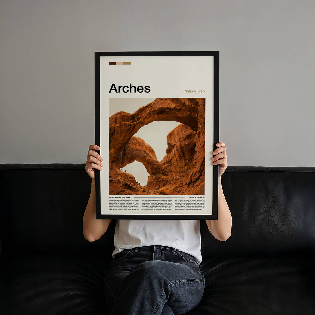 Arches Twin Rock Arches Travel Print held up by hand to show the size of the print