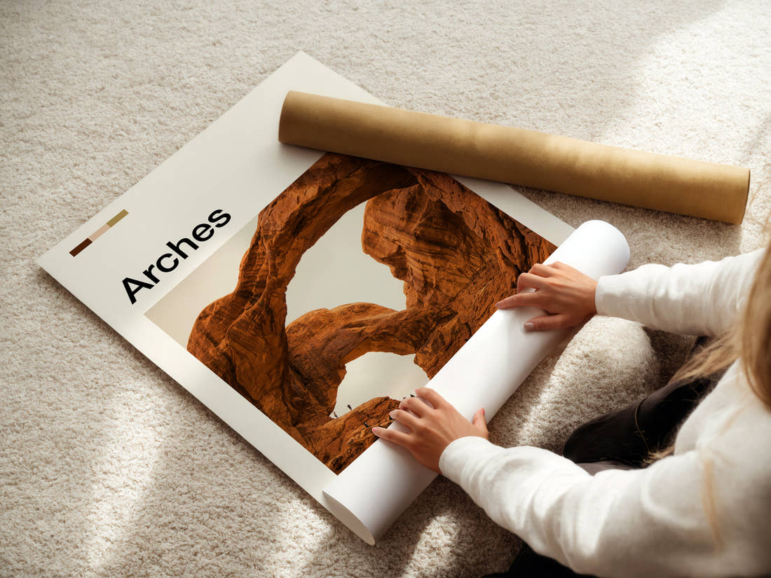 Arches Twin Rock Arches Travel Print being unrolled from its postal tube
