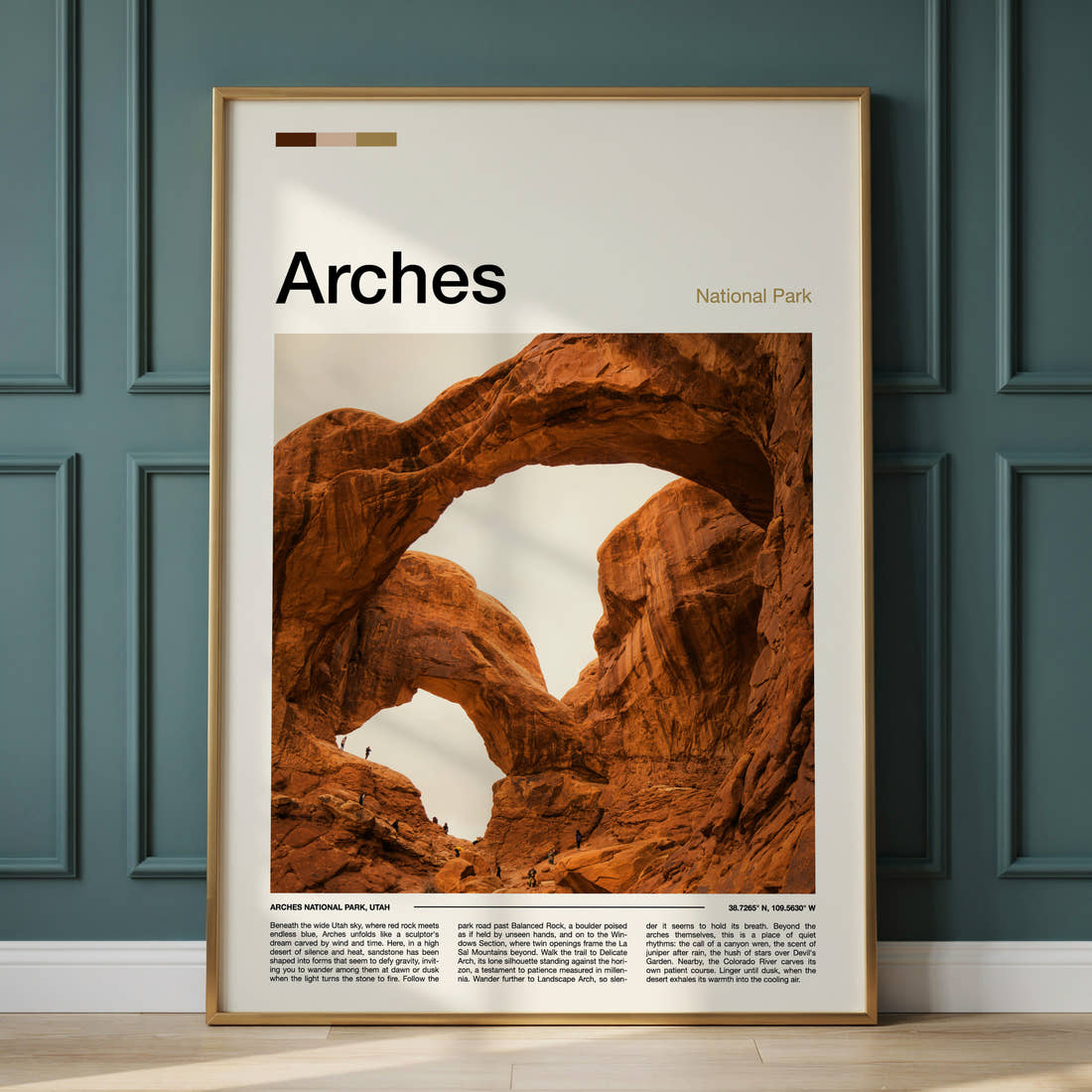 Arches Twin Rock Arches Travel Print framed on the wall of a calm, neutral bedroom