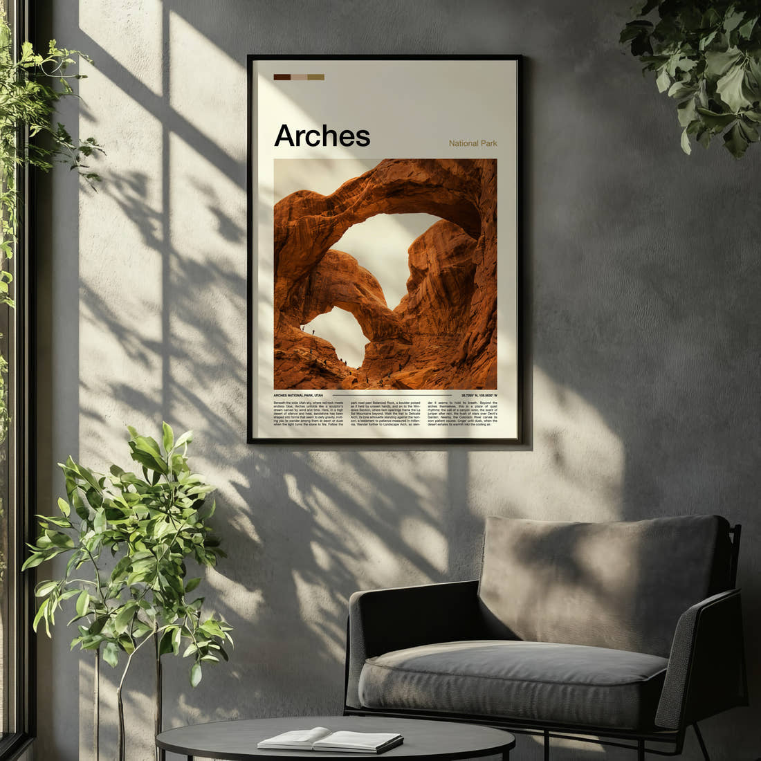 Arches Twin Rock Arches Travel Print framed on the wall of a relaxed living room